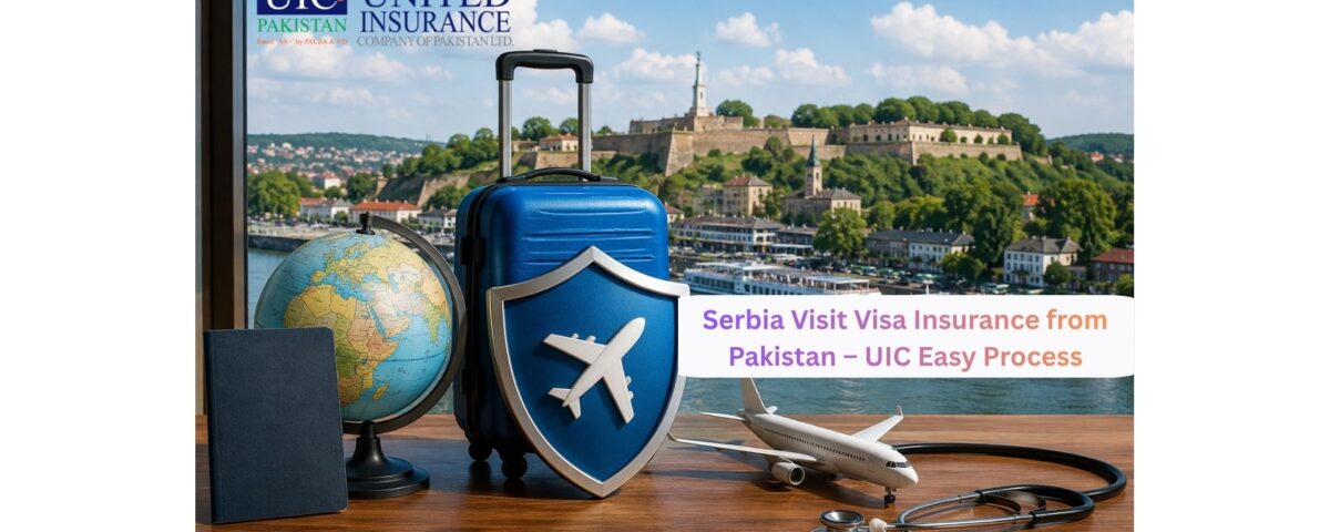 Serbia travel insurance concept with suitcase, passport, medical protection and European city background