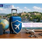 Serbia travel insurance concept with suitcase, passport, medical protection and European city background