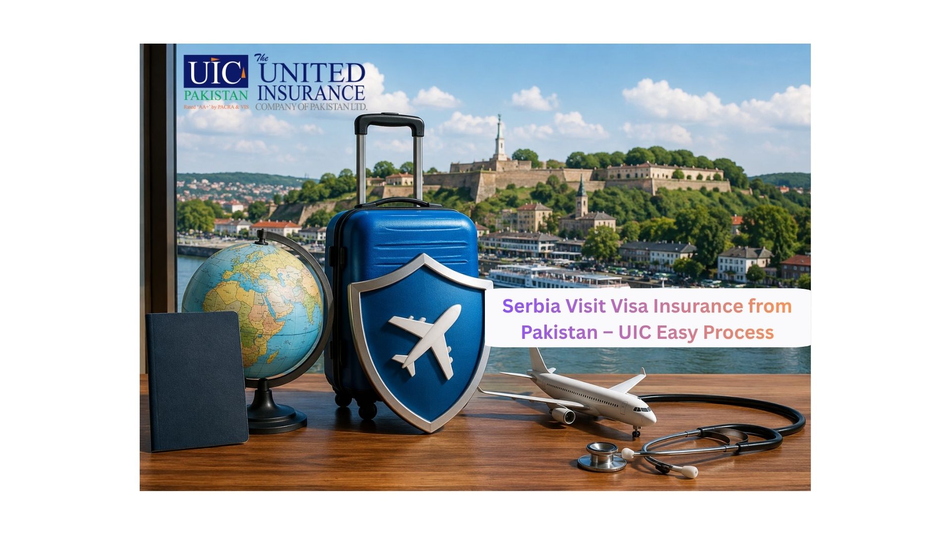 Serbia travel insurance concept with suitcase, passport, medical protection and European city background