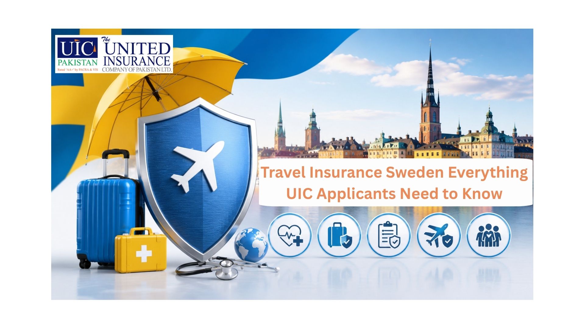 Sweden travel insurance concept with medical protection, luggage, and secure travel coverage