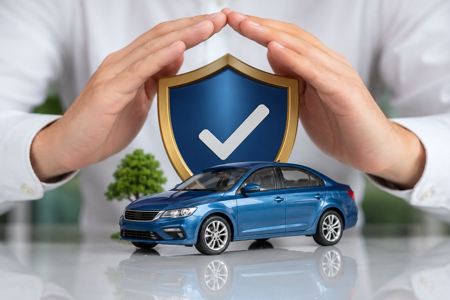 Luxury vehicle insurance concept with protected blue car and security shield illustration